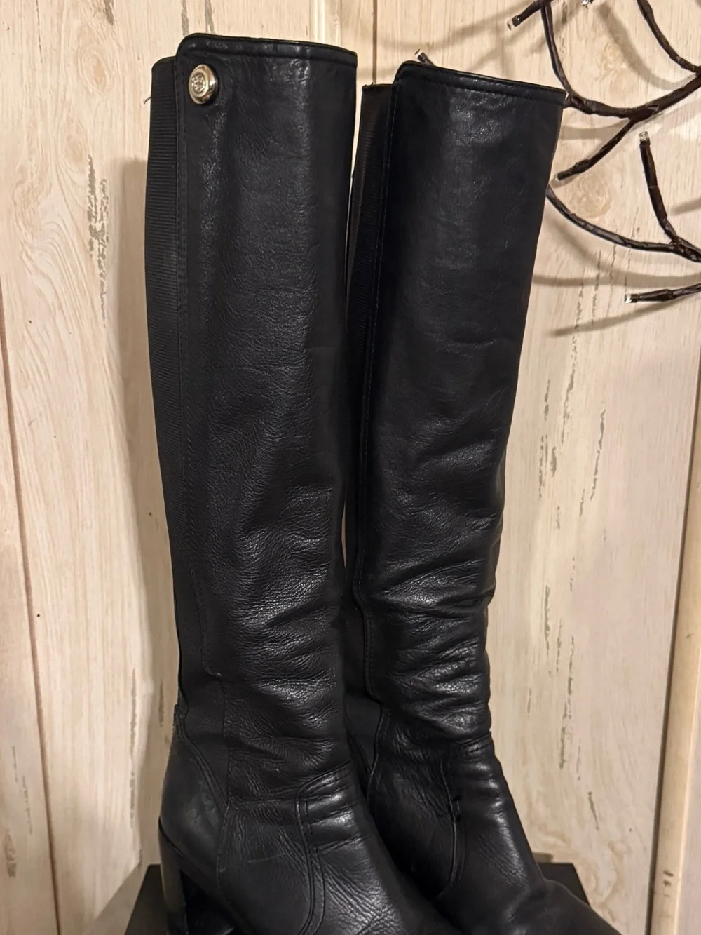 Tory Burch Black Leather Over-the-Knee Boots with Logo Button